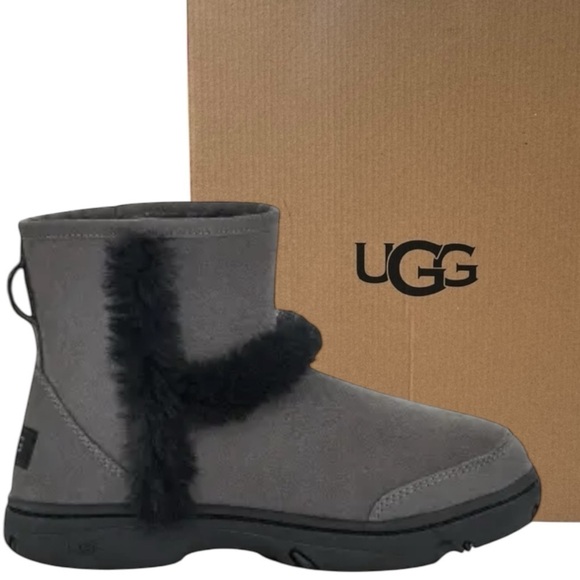 NEW! UGG GREY SUNBURST MINI SUEDE/ SHEEPSKIN COMFORT BOOTS - Picture 1 of 5